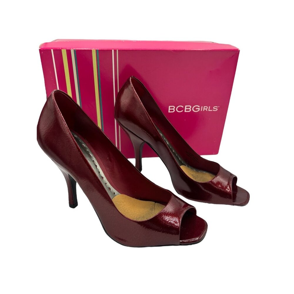 BCBGirls Ariel Ruby Red Tumbled Pearl Patent Leather Peep toe Stiletto Heels sz